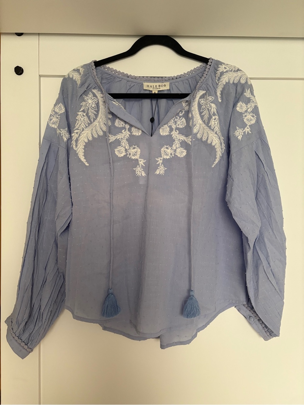 Hale Bob Light Blue Embroidered Peasant Top